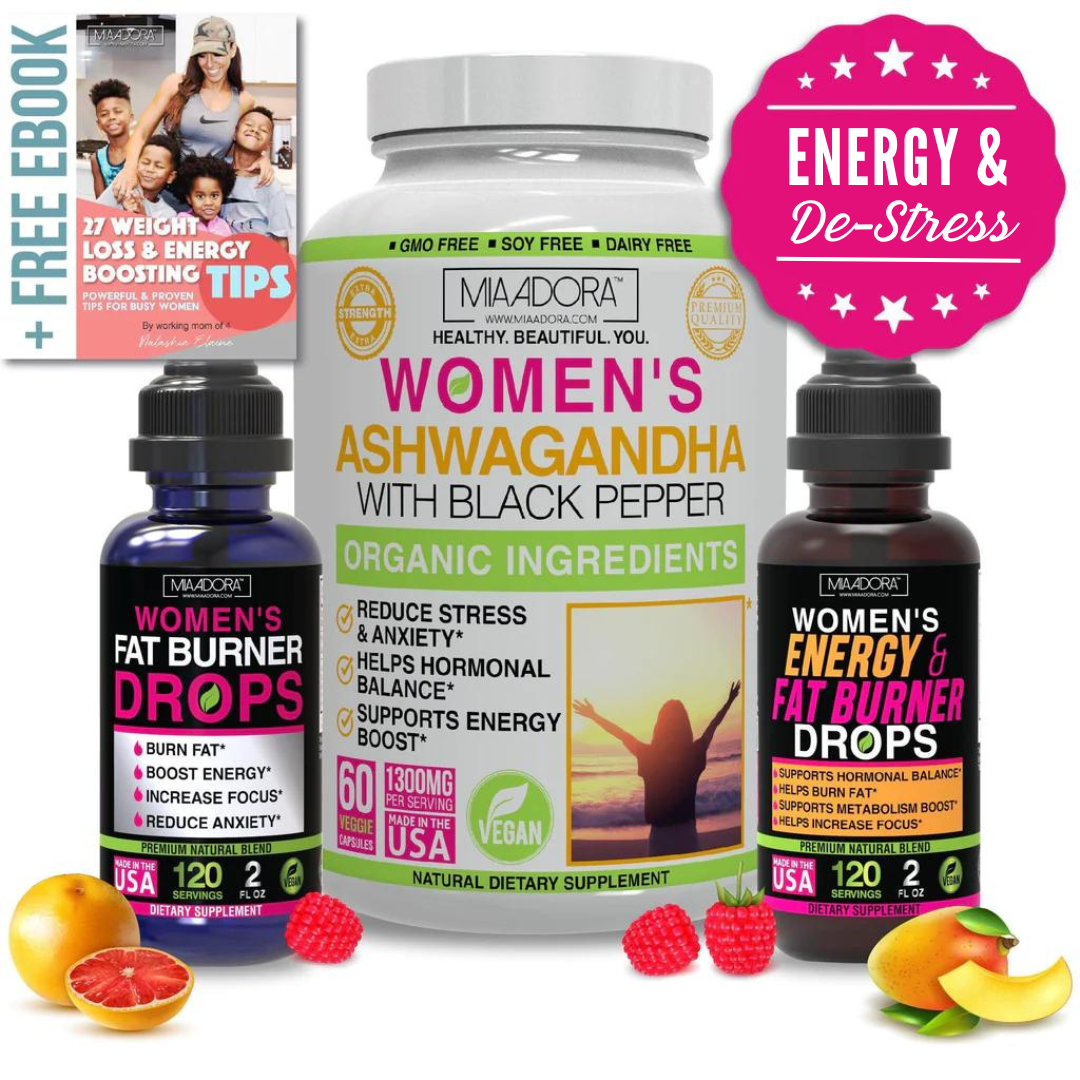 Energy and De-stress Drops Super Bundle [Ashwagandha Capsules, Fat Burner & Energy Drops]