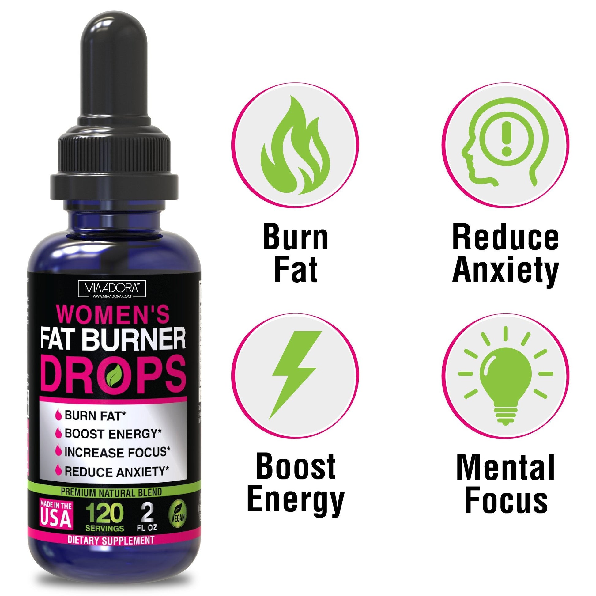 Main benefits of fat burner energy drops for women by Mia Adora: burn fat, reduce anxiety, boost energy, mental focus