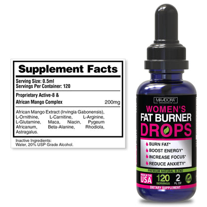 Supplement facts of fat burner drops by Mia Adora: Serving Size 0.5ml. serving per container 120