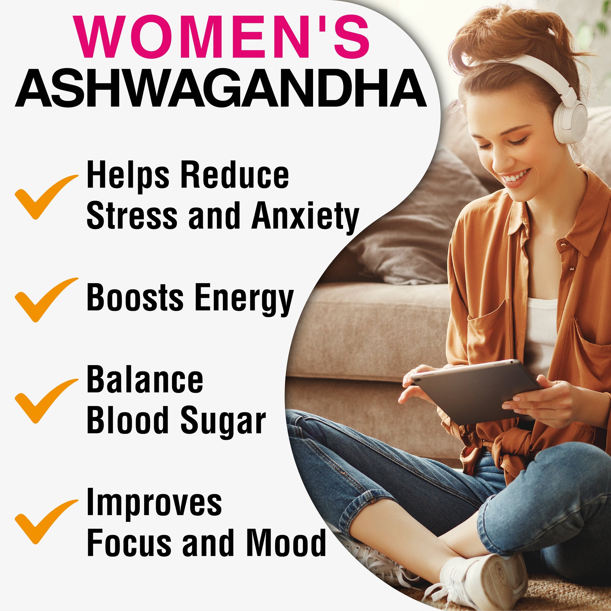 Infographic with benefits of taking ashwagandha: helps reduce stress and anxiety, boosts energy, balance blood sugar, improves focus and mood